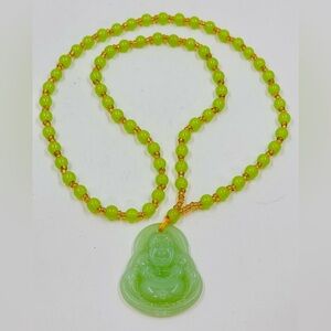 24” Beaded Gold & Green Jade Buddha Pendant Necklace Excellent